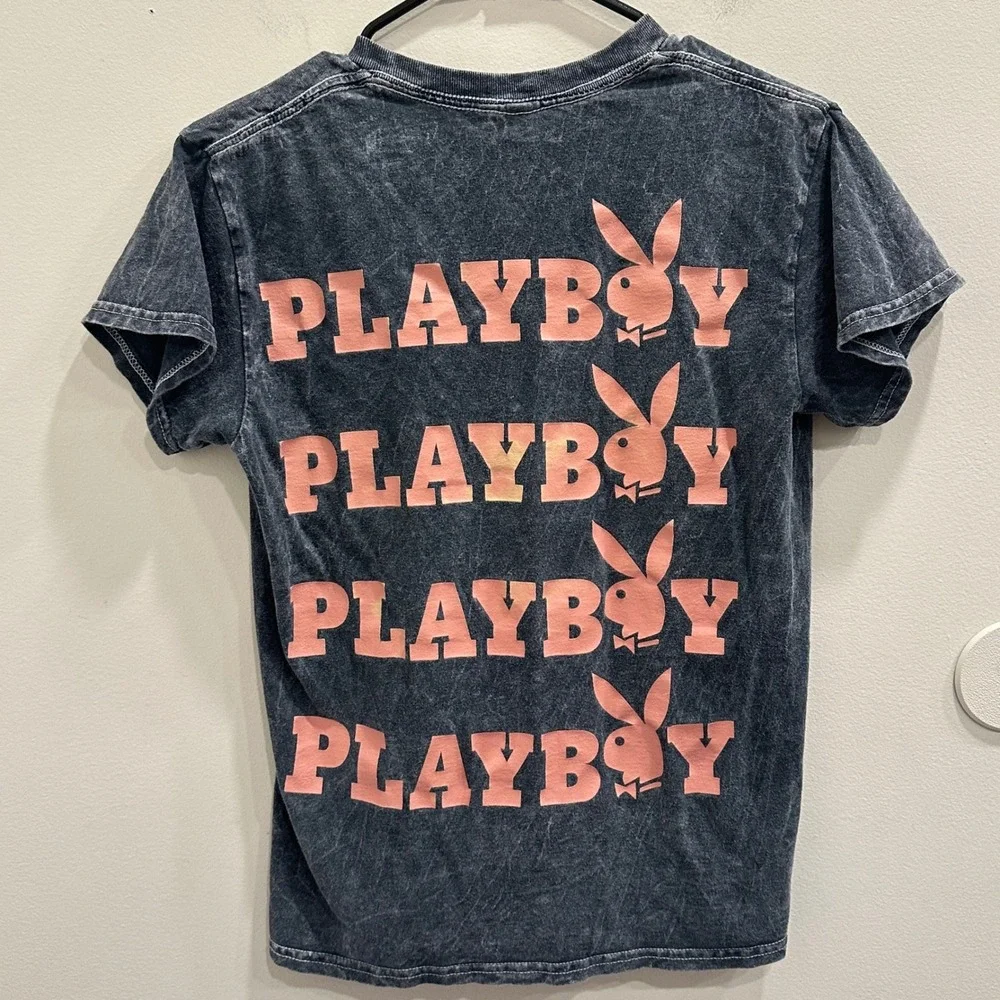 Playboy Acid Wash Graphic T-Shirt Gray Pink Bunny Logo Short Sleeve Small Grunge - Picture 2 of 7
